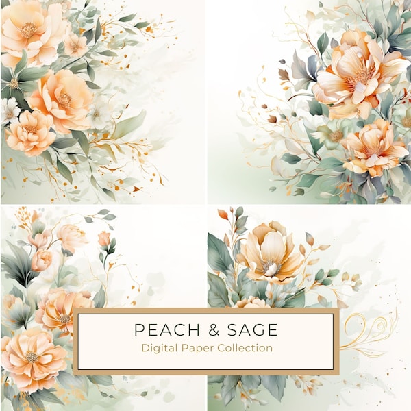 Peach and Sage Digital Paper, Floral Background Graphics, Watercolor Flowers, Commercial Use,  Art Printable, 10 High Quality 300 DPI JPG