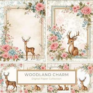 Wald Charme: Aquarell Shabby Chic Style Digital Papier Set mit Blumenrahmen, Wald Wald Hirsch, DIY Geschenk, Kommerzielle Nutzung, 10 JPGs