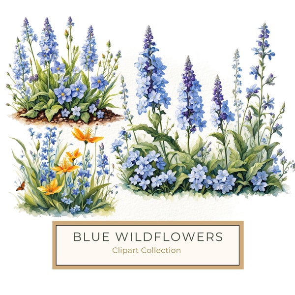 Blue Wildflower Garden Clipart, Forget-me-nots, Chicory Flowerbed Watercolor Digital Art, Commercial Use, Digital Download, 10 JPG PNG Files