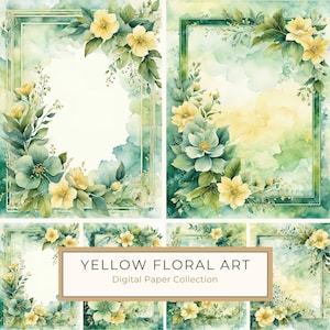 Pack de papier numérique art floral jaune aquarelle, bordure de page botanique, faire-part bricolage, album de scrapbooking, impression numérique, usage commercial, 10 fichiers JPG