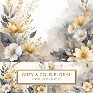 Grauer Hintergrund mit Aquarell und goldenen Blumen Digitales Papier in 10 JPGs