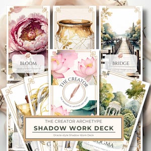 May include: A deck of oracle cards featuring watercolor illustrations. The cards display images of a peony, a vase, a bridge, and lotus flowers. The deck is titled "THE CREATOR ARCHETYPE SHADOW WORK DECK".