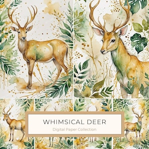 10 aquarel hertenontwerpen met botanische elementen digitale papierset, perfect voor scrapbooking, kaarten maken, jpg's, commercieel gebruik