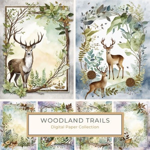Waldwege: Aquarell Natur Kunst Digitales Papierset mit botanischem Rahmen, Waldwald Hirsch, Digitaldruck, Kommerzielle Nutzung, 10 JPGs