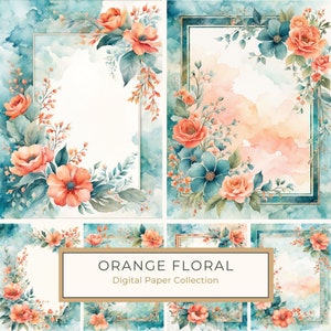 Confezione di carta digitale con fiori arancioni acquerellati su sfondo verde, bordo botanico, scrapbooking fai da te, stampa digitale, uso commerciale, 10 JPG