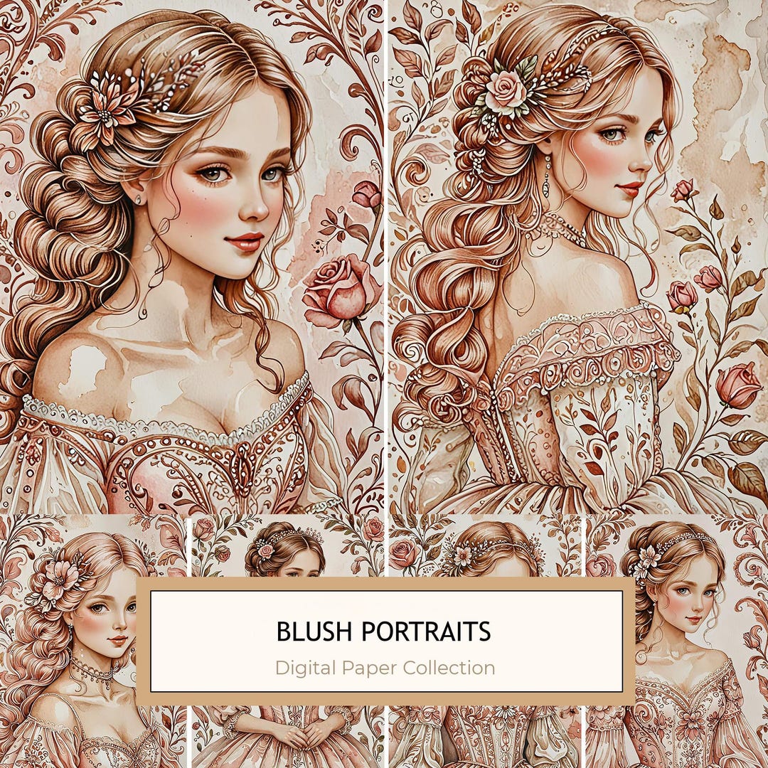 Watercolor Vintage Portraits With Floral Accents Digital Paper Set in ...