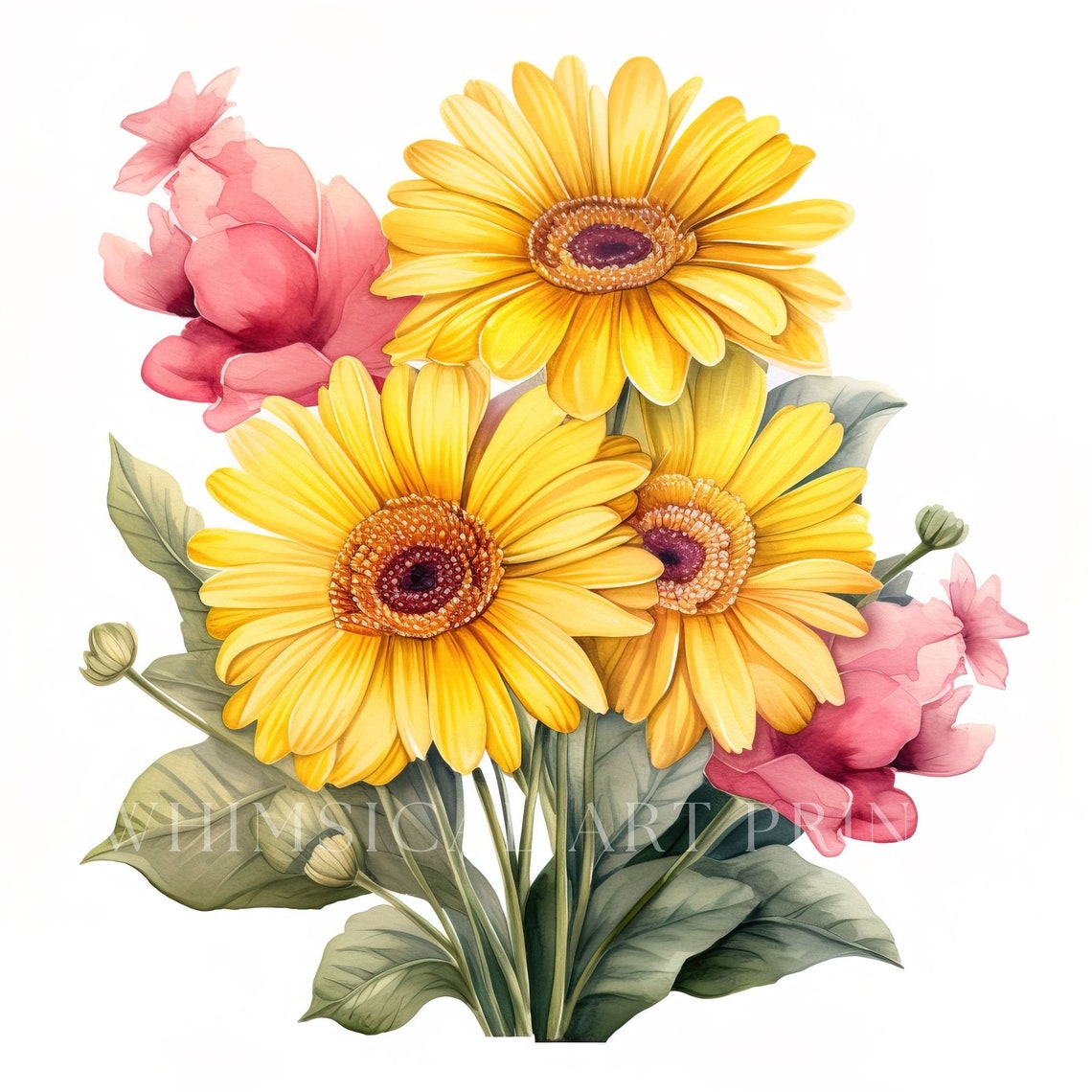 Yellow Daisies Clipart, Gerbera Daisies, Bouquet Clipart, Watercolor ...