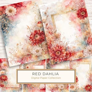 Hermoso paquete de papel digital de acuarela con flores rojas y blancas, tamaño carta de EE. UU., 10 archivos JPG para obsequios especiales y uso comercial