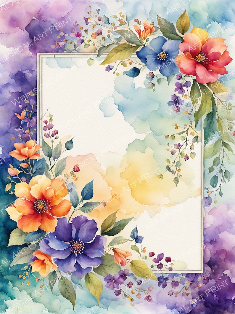 Watercolor Floral Border: Botanical Page Frame (10 Jpgs Digital Print