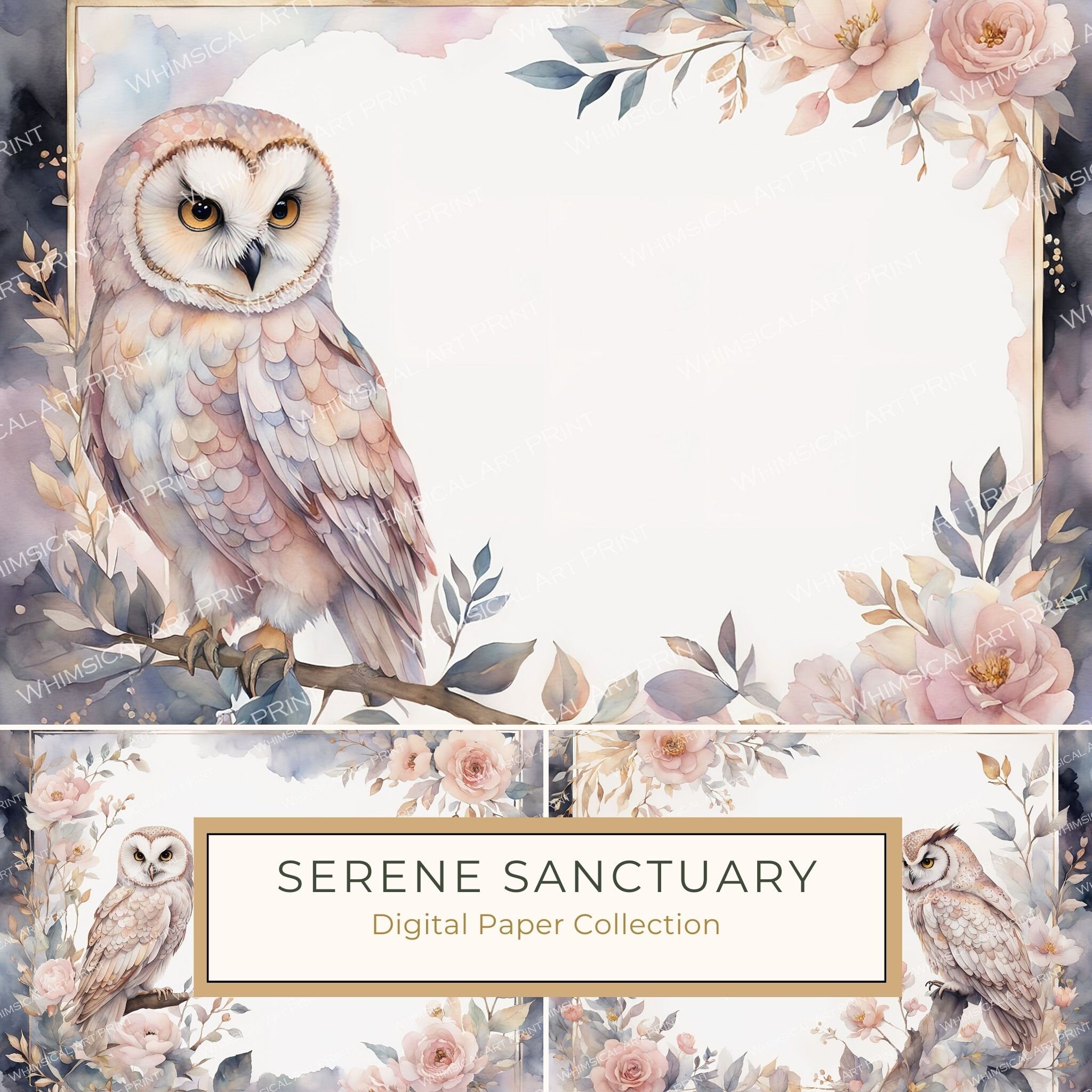 Watercolor Owl & Florals Digital Paper, Nature Art Background for Scrapbooks, Junk Journals, Bot