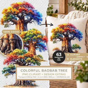 12 Colorful Baobab Tree of Life Clipart PNG - Watercolor Style - Commercial Use