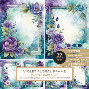 Kit de papel digital con marco floral violeta en acuarela: papeles, tarjetas, etiquetas y otros elementos imprimibles.
