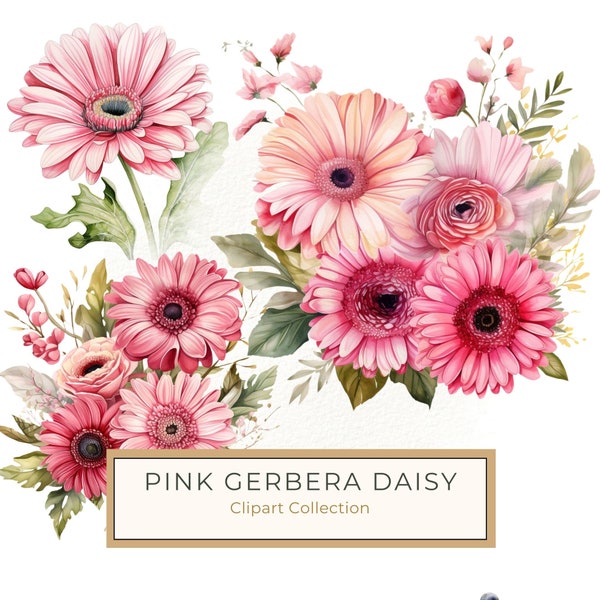 Pink Gerbera Daisy Bouquet Clipart,  Watercolor Daisies PNG, Floral Arrangement Art Printable, Commercial Use 10 High Quality 300 DPI JPG