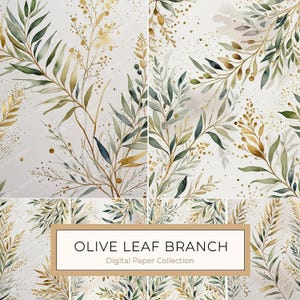 Watercolor Olive Branch Digital Paper: Gold & Sage Leafy Background (Digital Download, Commercial Use)