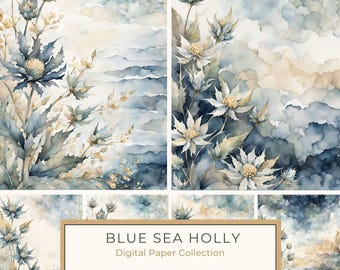 Pagine per journaling botanico oceanico - 10 sfondi ad acquerello con cardo marino per scrapbooking e diari costieri