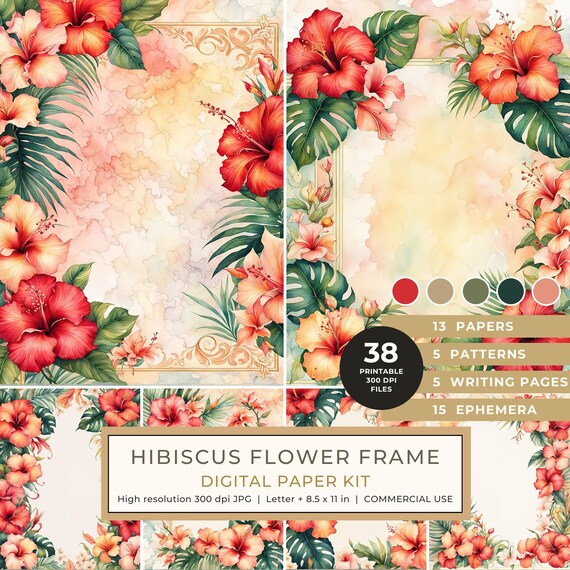 ❁Fleurs❁様オーダーページ Hibiscus Flower Frame Watercolor Digital Paper Kit: Printable