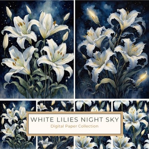 Watercolor Lilies Digital Paper: Night Sky Art (10 JPGs) (Digital Download)