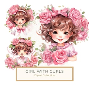 Chibi Cute Girl with Curly Hair Clipart, Kawaii Cartoon Girl with Pink Roses PNG Collection, Commercial Use, 10 High Quality 300 Dpi JPG PNG