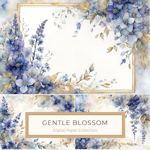 10 flores abstractas de acuarela en tonos azules, papel digital para manualidades, archivos JPG en tamaño carta para papelería, álbumes de recortes con uso comercial