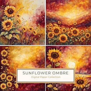 Set di carta digitale con motivo ombré di girasole, sfondo bordeaux e giallo senape, stampe artistiche digitali con tramonto boho, 10 JPG per uso commerciale