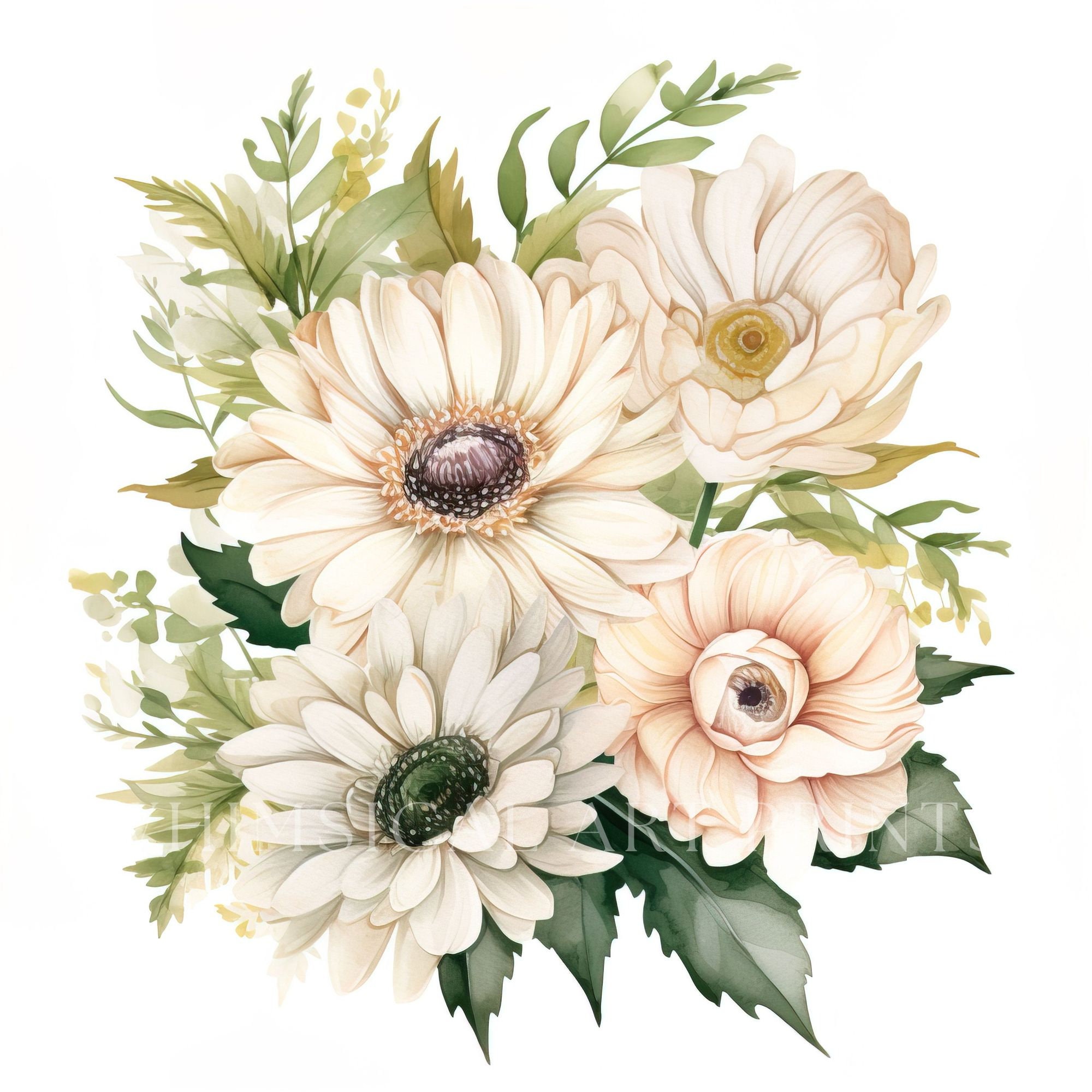 White Gerbera Daisy Clipart, Bouquet Clipart, Watercolor Flower