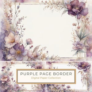 Paquete de papel digital de acuarela con motivos florales morados: bordes de arte abstracto para álbumes de recortes y diarios basura, invitaciones de boda para uso comercial, 10 archivos JPG