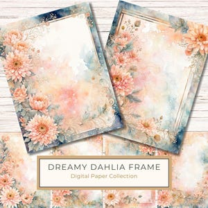 Dromerige dahlia aquarelrand met lijst en gouden accenten voor uitnodigingen-10 JPG's in US Letter-formaat digitaal papierpakket, commercieel gebruik