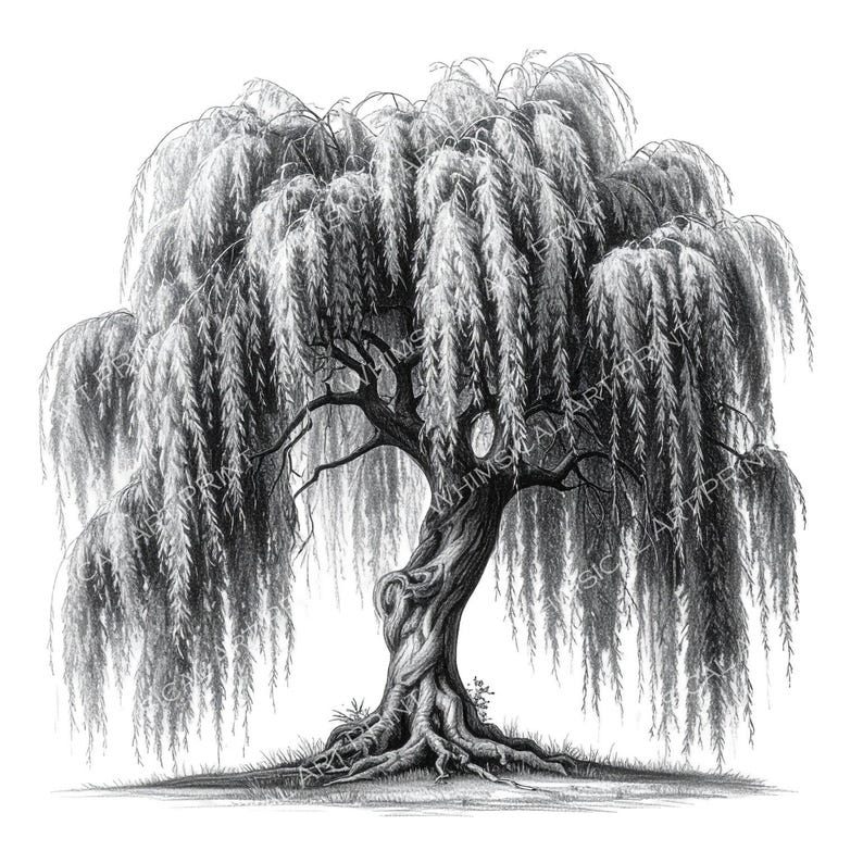 12 Weeping Willow Tree of Life Clipart – Watercolor Sketch Line Art ...