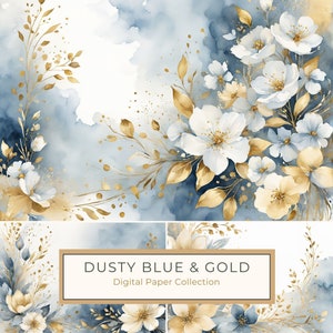 White & Gold Florals on Dusty Blue Watercolor Background Digital Paper Pack for DIY Scrapbooking, Greeting Cards, Commercial Use, 10 JPGs