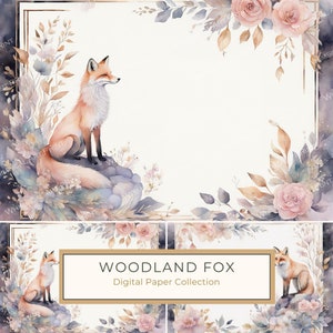 Paquet de papier numérique aquarelle renard des bois, fond blanc, cadres de page, scrapbooking, fabrication de cartes, pastels doux, usage commercial, 10 JPG