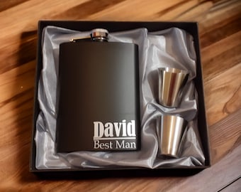 Custom Black Hip Flask with Presentation Box | Valentines Day | Engagement | Best Man | Bridal Party Gift | Shot Glasses | Wedding