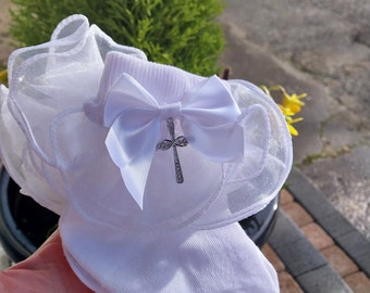 First Holy Communion Ankle Socks, Christening, Baptism, Naming Day, Bow, Pink Cross, White, Silver Cross, Gold Cross, Satin, Frilly, Organza