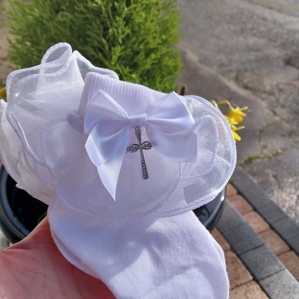 First Holy Communion Socks, Christening, Baptism, Naming Day, Bow, Pink Cross, White,  Silver Cross, Gold Cross, Satin, Frilly, Organza