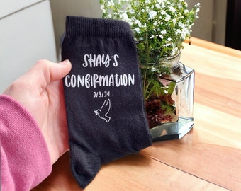 First Holy Communion Socks, Confirmation, Baptism, Naming Day, Cross, White, Personalised, Black, Navy, Bamboo