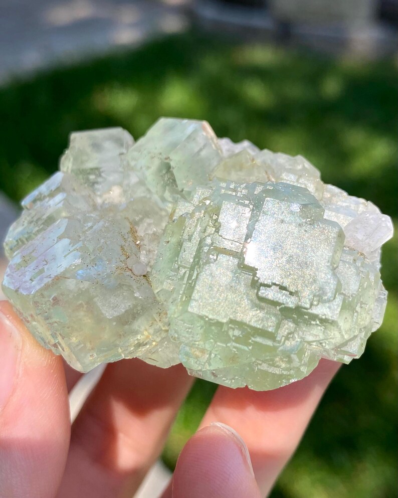 Puede incluir: Un grupo de cristales de fluorita de color verde p&aacute;lido con formaciones c&uacute;bicas, superficies transl&uacute;cidas y bordes geom&eacute;tricos definidos. El esp&eacute;cimen mineral muestra un tono menta claro con claridad interna y facetas reflectantes bajo la luz.