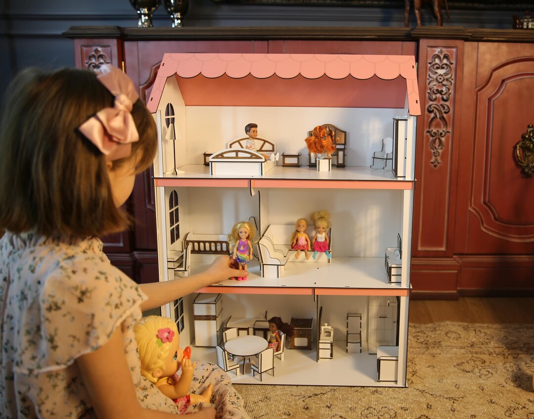 Personalized MDF Montessori Dollhouse: Modern Kids Toy With Furniture ...