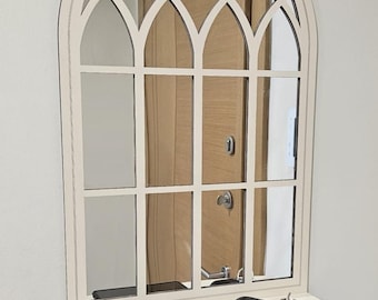 Arched Entryway Mirror with Storage Shelf: Maple Wood Wall Organizer