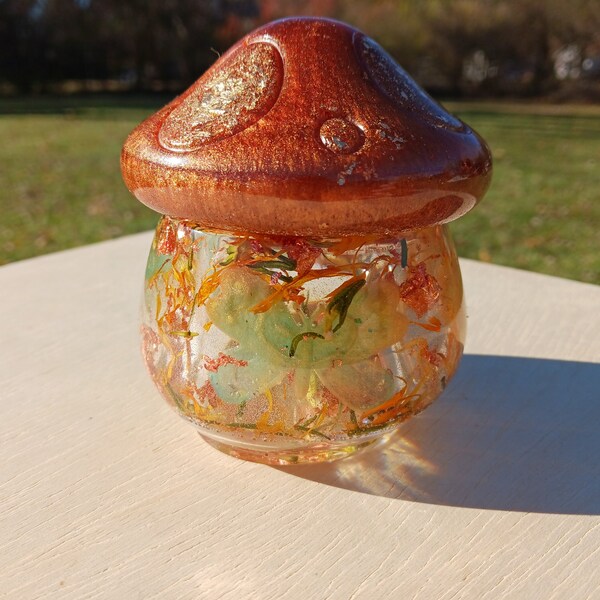 Fall Butterfly botanical mushroom jar for dice storage or jewelry box