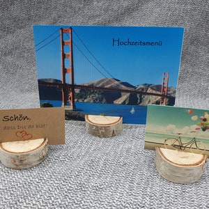 Kartenhalter für besondere Anlässe aus massivem Holz - für Fotos, Menüs, Grußkarten, Postkarten, etc. - aus Birke oder Buche mit Rinde
