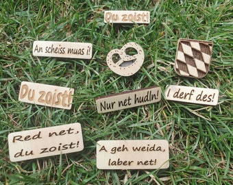 Pins aus massivem Zirbenholz - verschiedene Motive - perfekt für Hochzeit, Volksfest und Co. - auch individuelle Gravuren möglich!