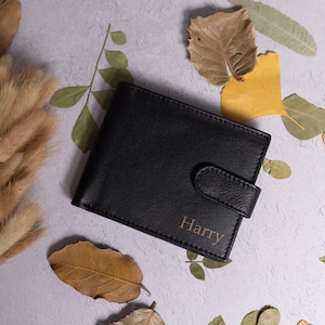 Carteira masculina personalizada, carteira de couro preto macio genuíno, presente personalizado para o dia dos pais, presente de aniversário para o pai, ele, namorado, marido