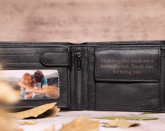 Regalo del Día del Padre, Cartera Personalizada para Hombre, Cartera de Cuero Genuino Suave Negro, Regalo de Cumpleaños Personalizado para Él, Novio, Esposo, Papá