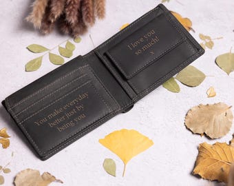 Regalo del Día del Padre, Monedero Personalizado para Hombre, Billetera de Cuero Genuino Suave de Color Negro, Regalo de Cumpleaños Personalizado para Él, Novio