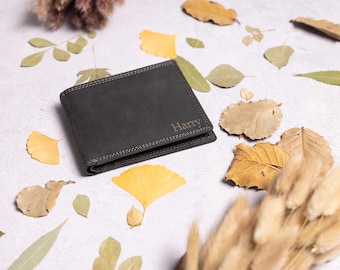 Regalo del Día del Padre, Cartera Personalizada para Hombre, Cartera de Cuero Genuino Suave Negro y Marrón, Regalo de Cumpleaños para Él, Papá, Novio, Esposo