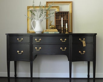 NEW** Vtg Black Wash Bow Front Sideboard w long legs / Hepplewhite / Jacobean / Server / Buffet / Entry Table /Shipping NOT FREE