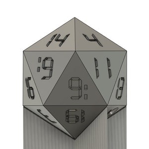 May include: A gray, 3D printed, 12-sided die with numbers 1-12 displayed in a digital font. The die is sitting on a gray, 3D printed stand.
