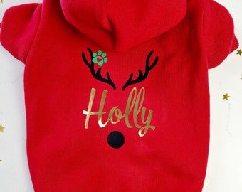 Christmas Dog Hoody, Puppy, Small Breed, Personalised, Gift, Present, Dog Lover, Red, Washable, Antler, Bespoke, Gift Wrap, Warm, Trendy