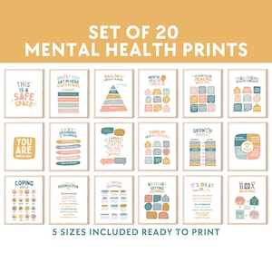 20 Therapist office decor social worker posters therapy art counselor prints school counseling bundle mental health sign psychology CBT