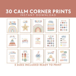 Conjunto de 30 carteles de esquina Calm down kit de letreros decoración calmante impresión educativa de arte de pared para niños en el aula preescolar para niños pequeños en casa