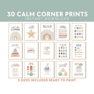 30 Calm corner bundle posters prints calming down strategies printable school counselor office decor sign feelings emotion chart kit rainbow